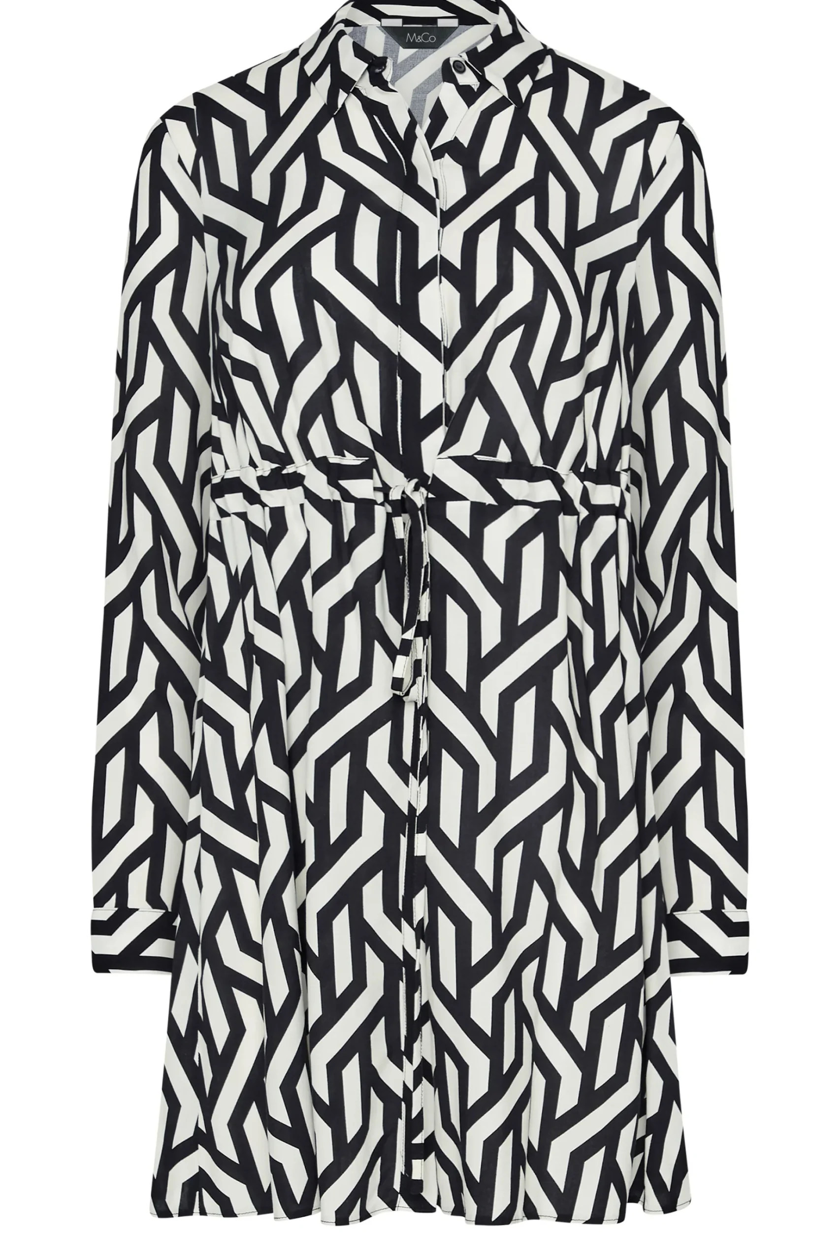 M&Co Womens M&Co Black & White Geometric Print Tie Waist Tunic Shirt