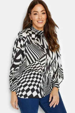 M&Co Womens M&Co Black & White Abstract Print High Neck Satin Blouse
