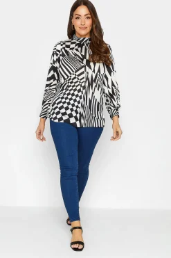 M&Co Womens M&Co Black & White Abstract Print High Neck Satin Blouse
