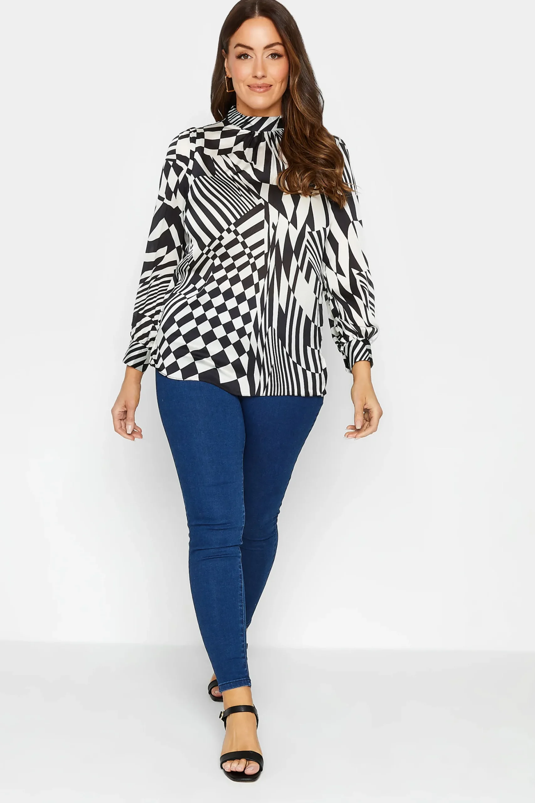 M&Co Womens M&Co Black & White Abstract Print High Neck Satin Blouse