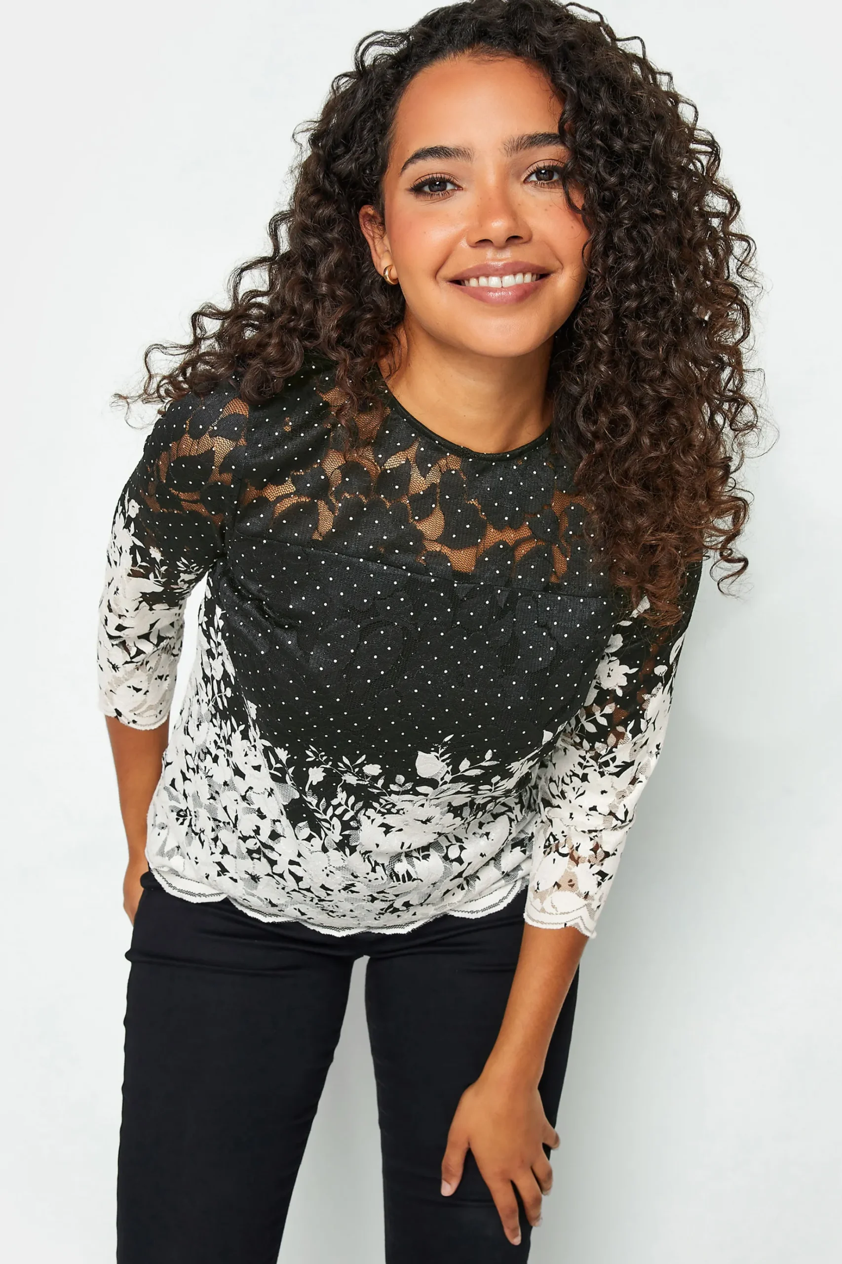 M&Co Womens M&Co Black & White Floral Lace Blouse