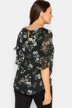 M&Co Womens M&Co Black & White Floral Double Frill Sleeve Blouse