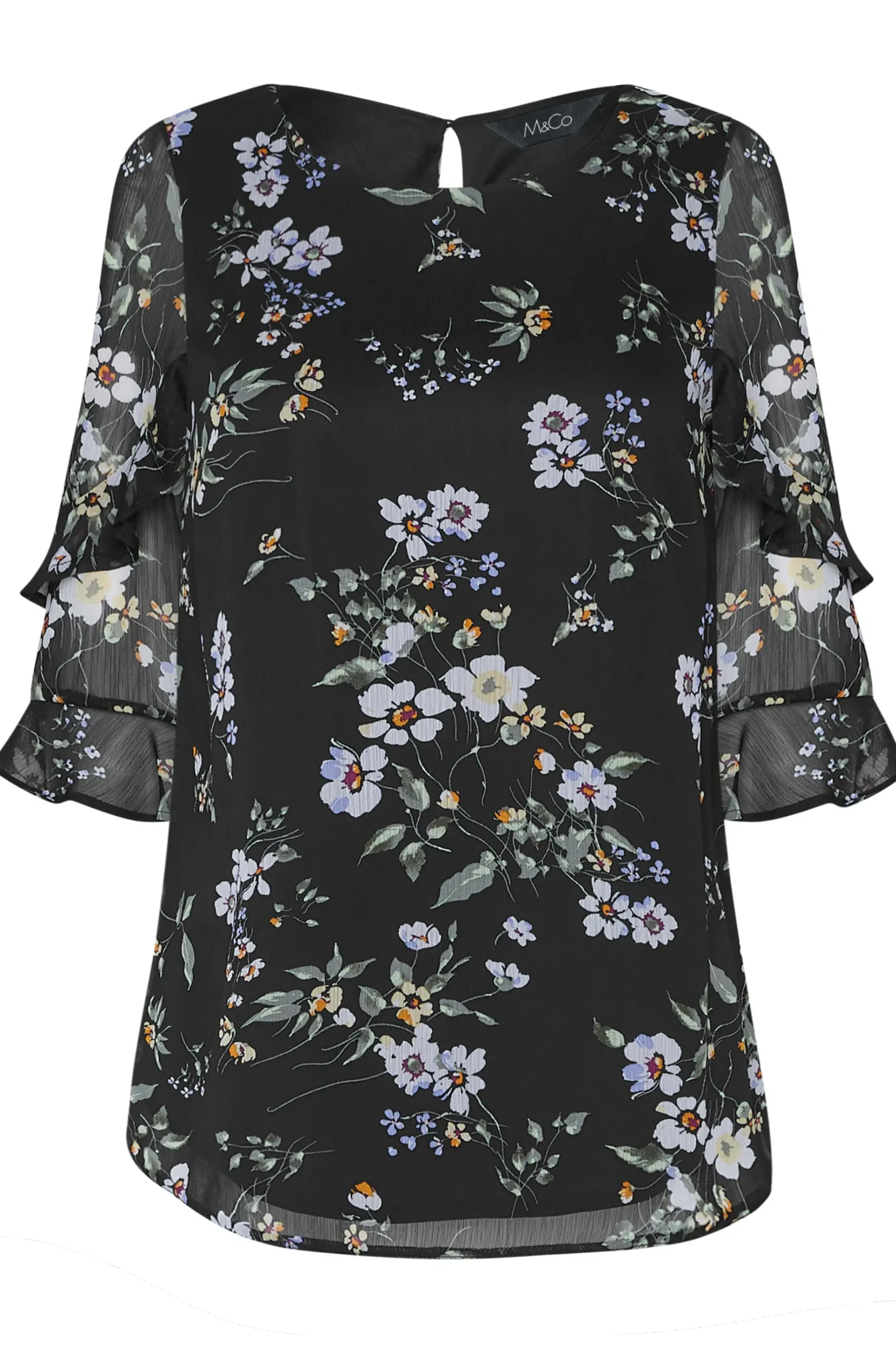 M&Co Womens M&Co Black & White Floral Double Frill Sleeve Blouse