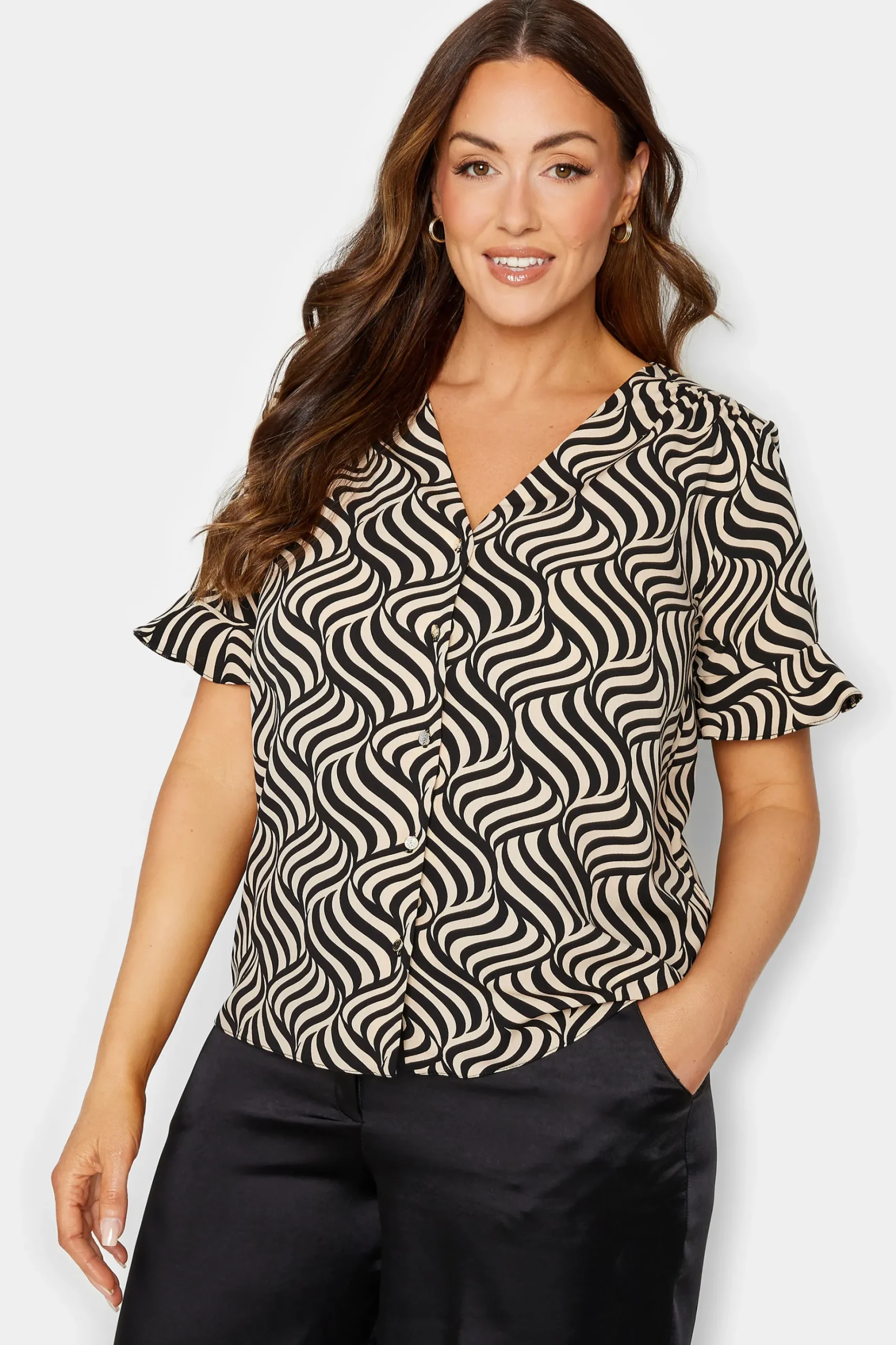 M&Co Womens M&Co Black & White Swirl Print Frill Sleeve Blouse