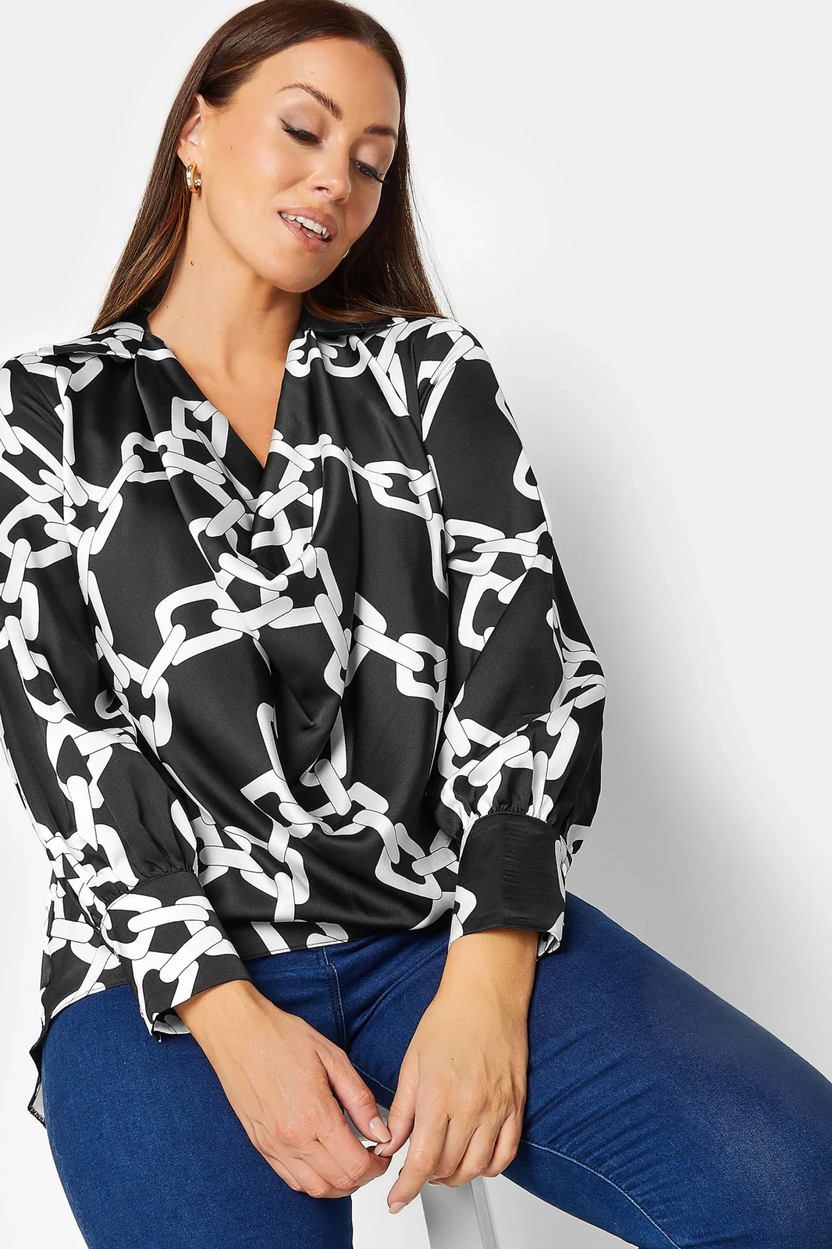 M&Co Womens M&Co Black Chain Print Cowl Neck Satin Blouse