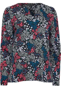 M&Co Womens M&Co Black Ditsy Print Notch Neck Cotton T-Shirt