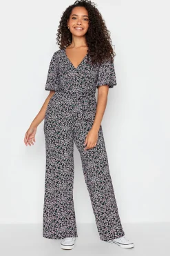 M&Co Womens M&Co Black Ditsy Print Wrap Wide Leg Jumpsuit