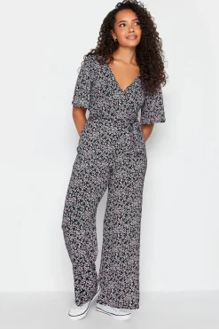 M&Co Womens M&Co Black Ditsy Print Wrap Wide Leg Jumpsuit