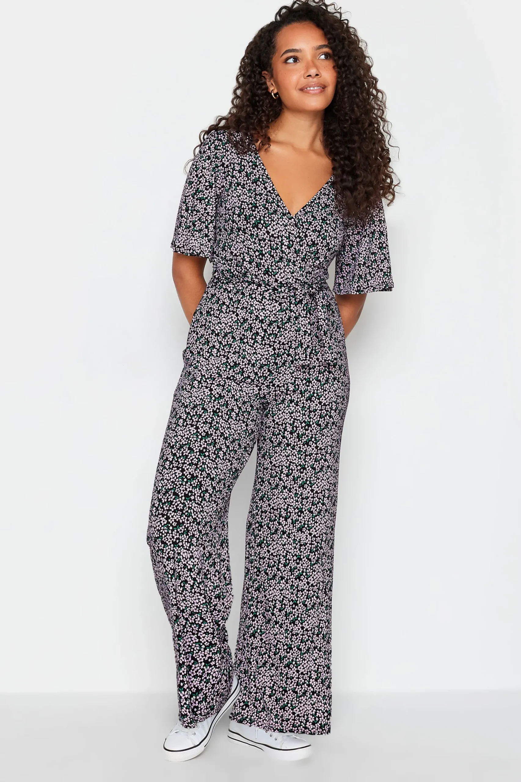 M&Co Womens M&Co Black Ditsy Print Wrap Wide Leg Jumpsuit