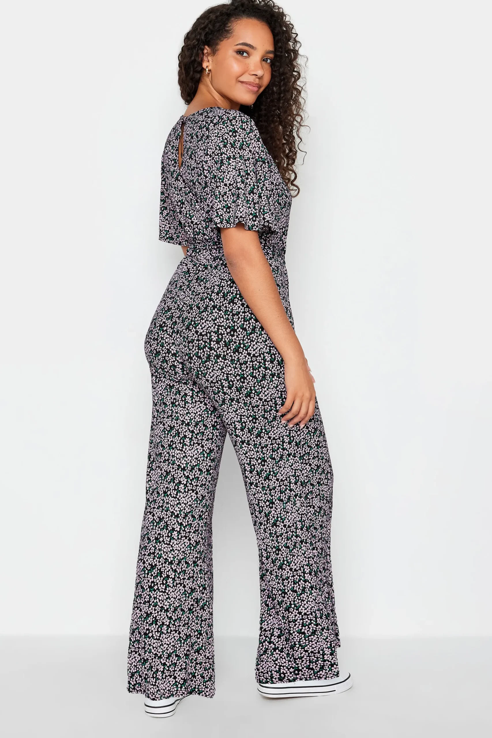 M&Co Womens M&Co Black Ditsy Print Wrap Wide Leg Jumpsuit