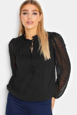 M&Co Womens M&Co Black Dobby Tie Neck Blouse