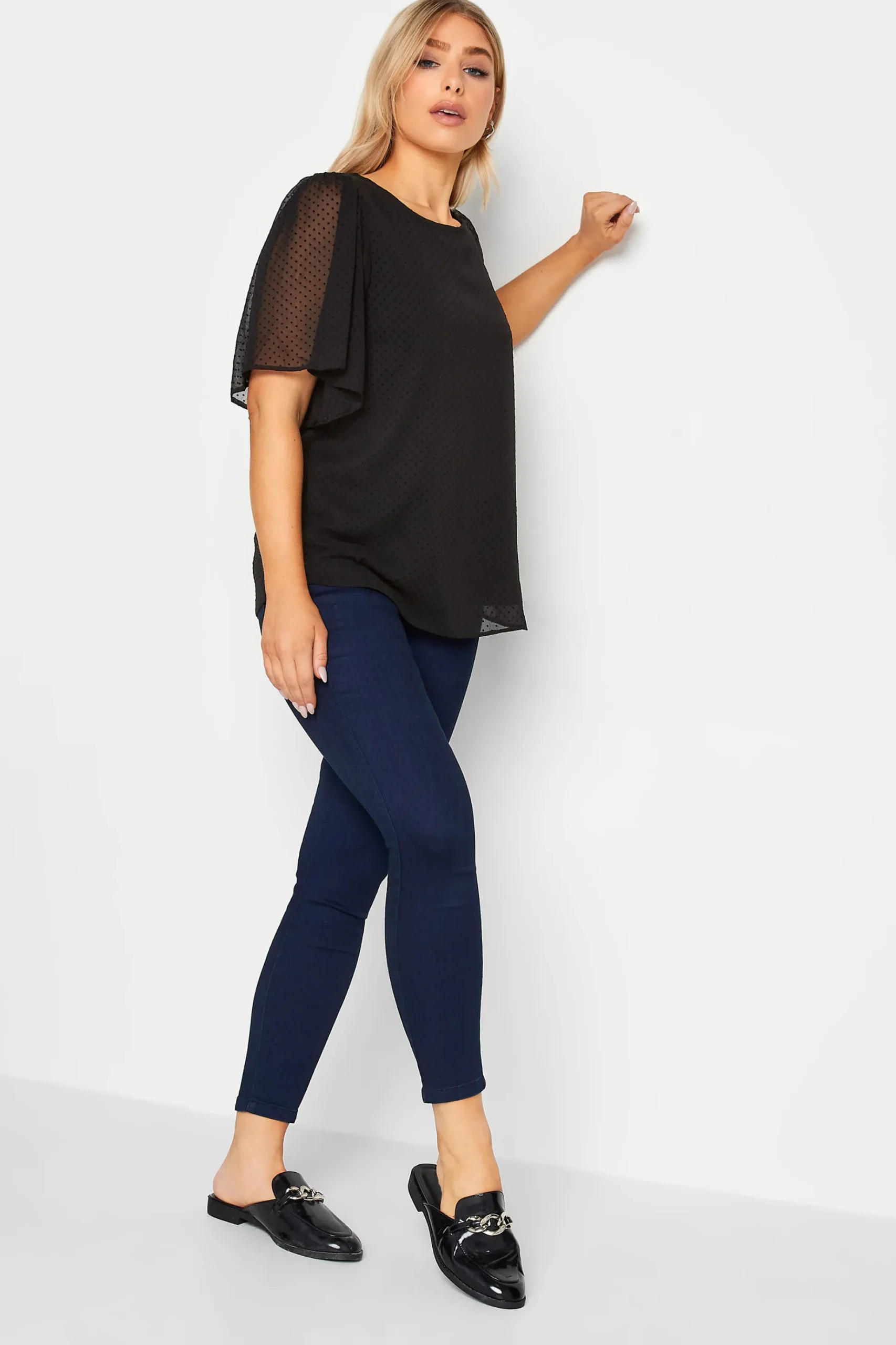M&Co Womens M&Co Black Dobby Angel Sleeve Blouse