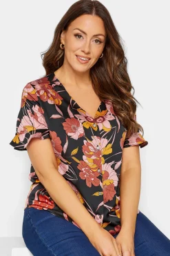 M&Co Womens M&Co Black Floral Print Frill Sleeve Blouse
