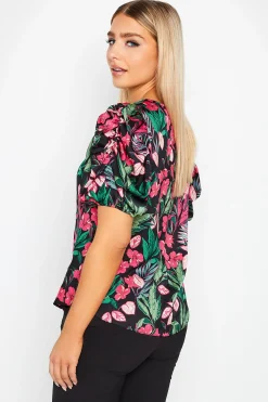 M&Co Womens M&Co Black Floral Print Puff Sleeve Blouse