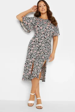 M&Co Womens M&Co Black Floral Print Angel Sleeve Split Hem Dress