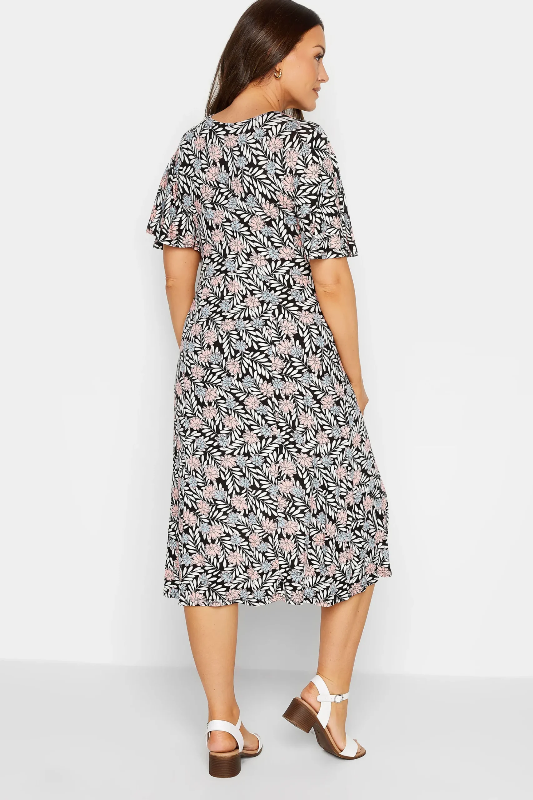 M&Co Womens M&Co Black Floral Print Angel Sleeve Split Hem Dress