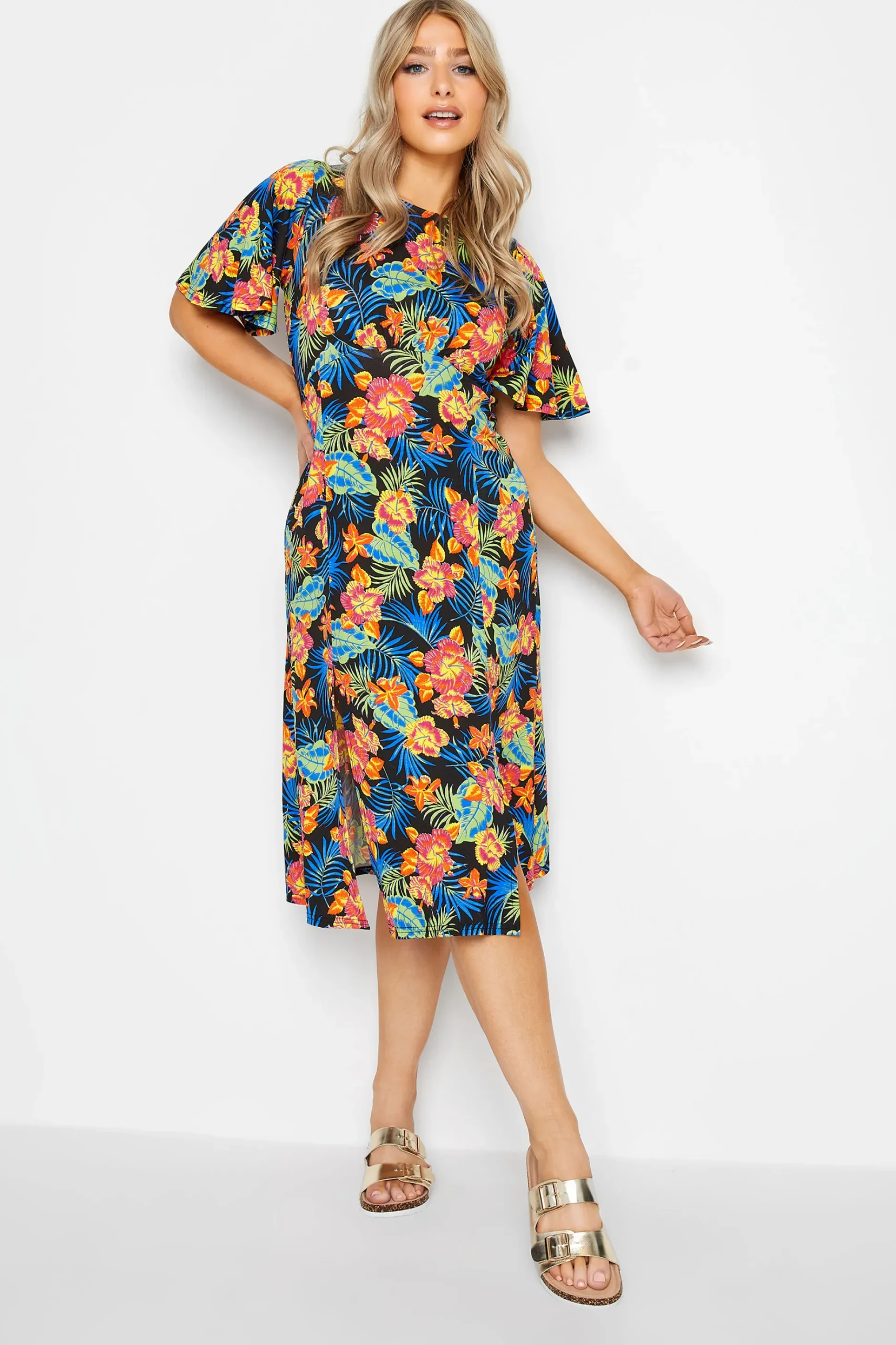 M&Co Womens M&Co Black Floral Print Angel Sleeve Split Hem Midi Dress