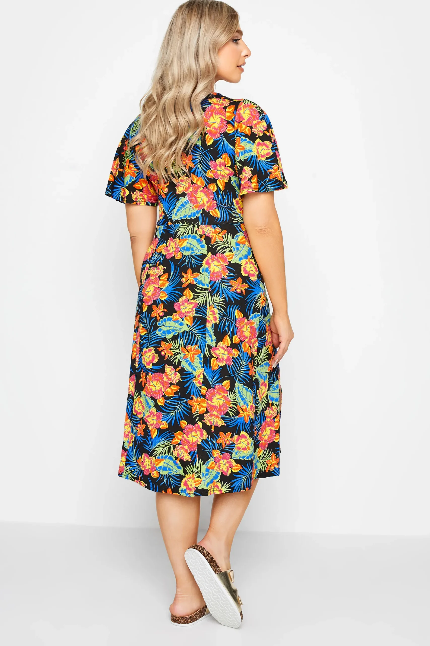 M&Co Womens M&Co Black Floral Print Angel Sleeve Split Hem Midi Dress
