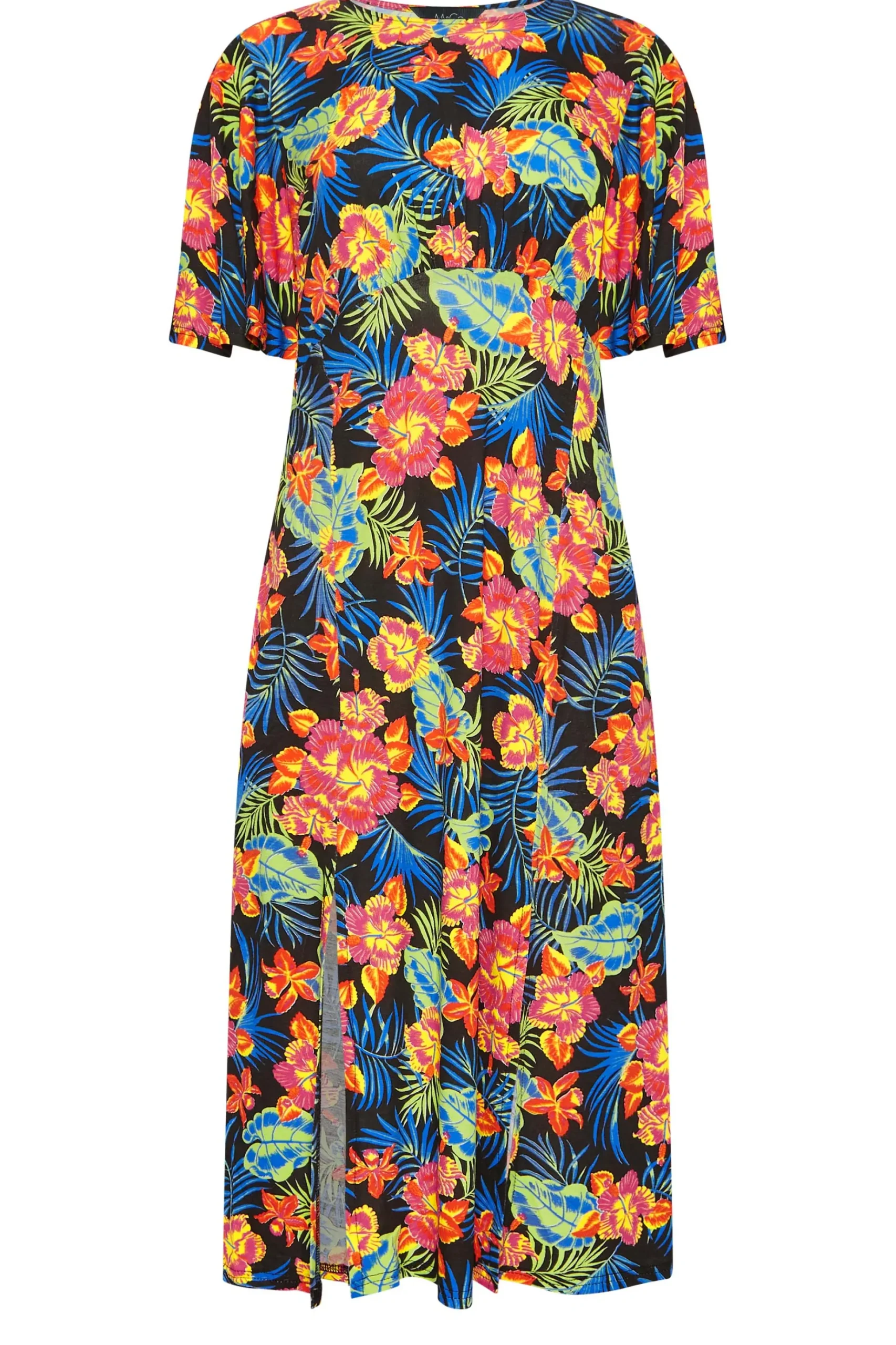 M&Co Womens M&Co Black Floral Print Angel Sleeve Split Hem Midi Dress