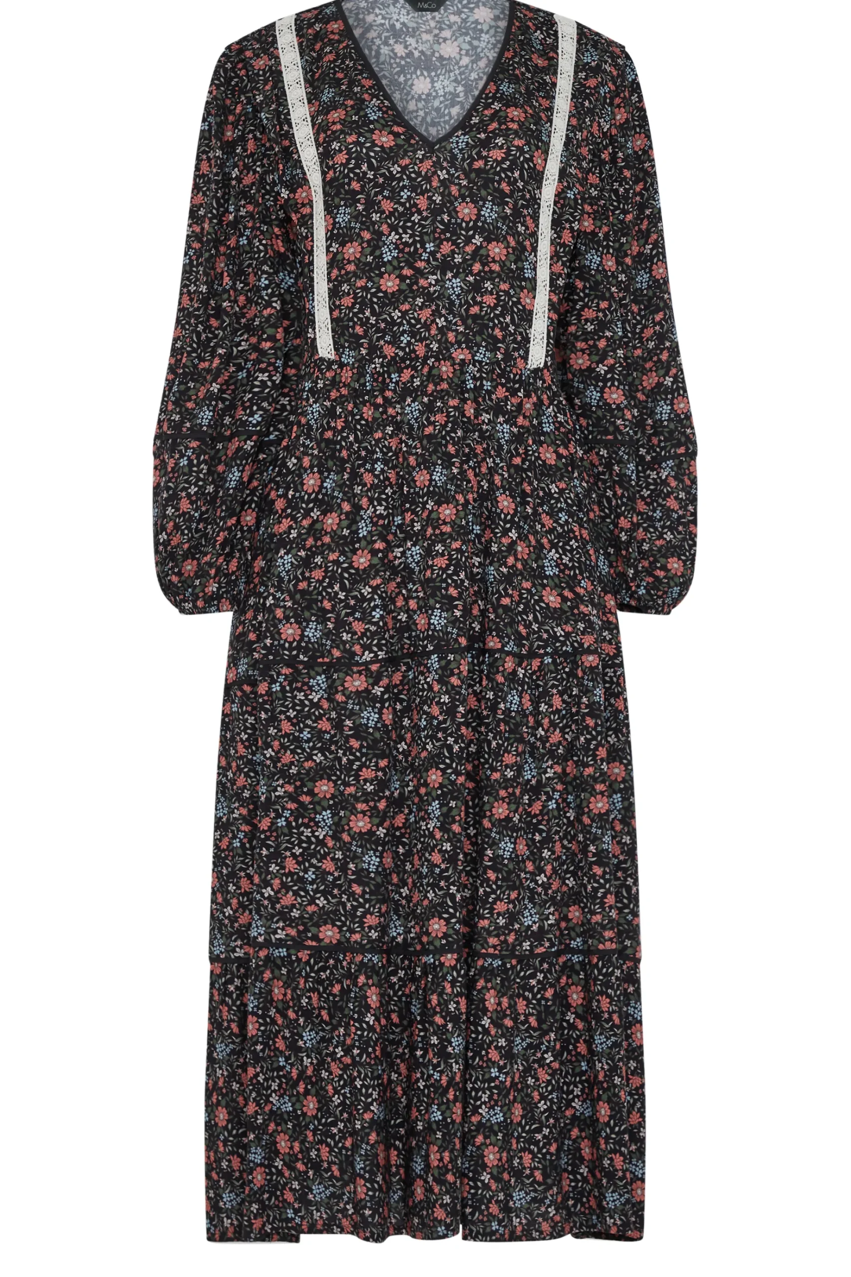 M&Co Womens M&Co Black Floral Print Crochet Trim Maxi Dress