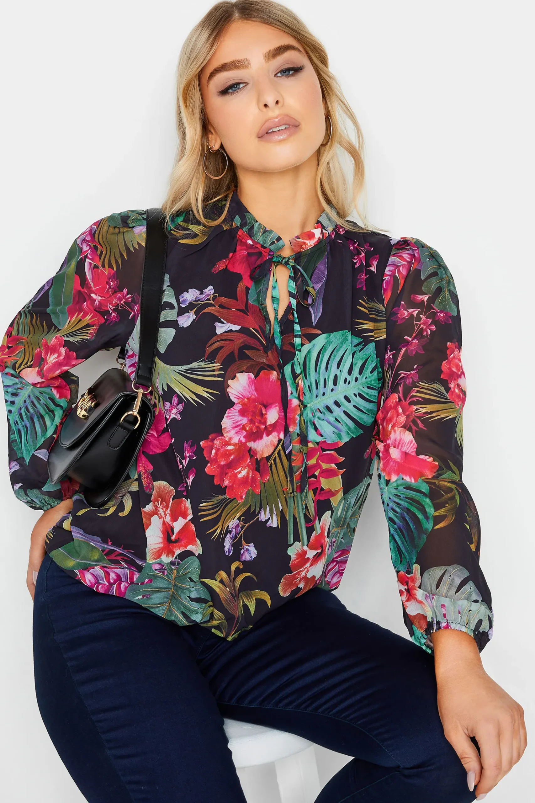 M&Co Womens M&Co Black Floral High Neck Blouse