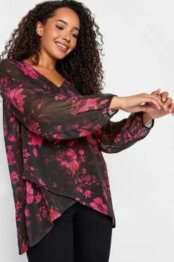 M&Co Womens M&Co Black Floral Print Wrap Hem Blouse