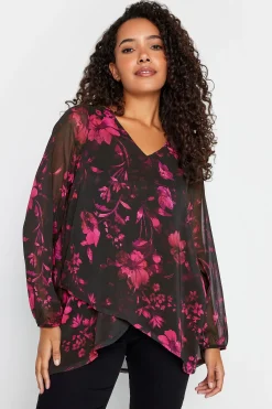 M&Co Womens M&Co Black Floral Print Wrap Hem Blouse