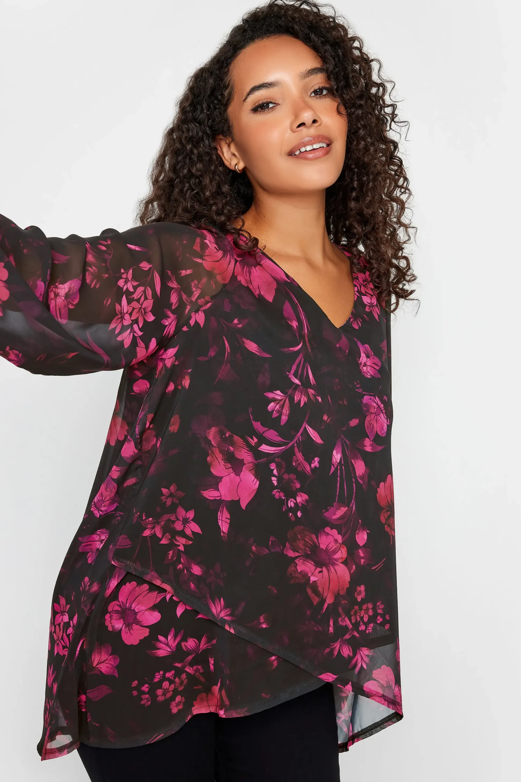 M&Co Womens M&Co Black Floral Print Wrap Hem Blouse