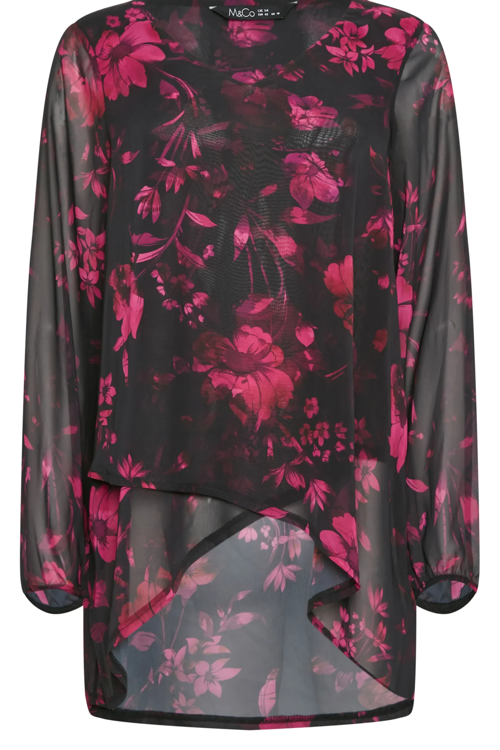 M&Co Womens M&Co Black Floral Print Wrap Hem Blouse