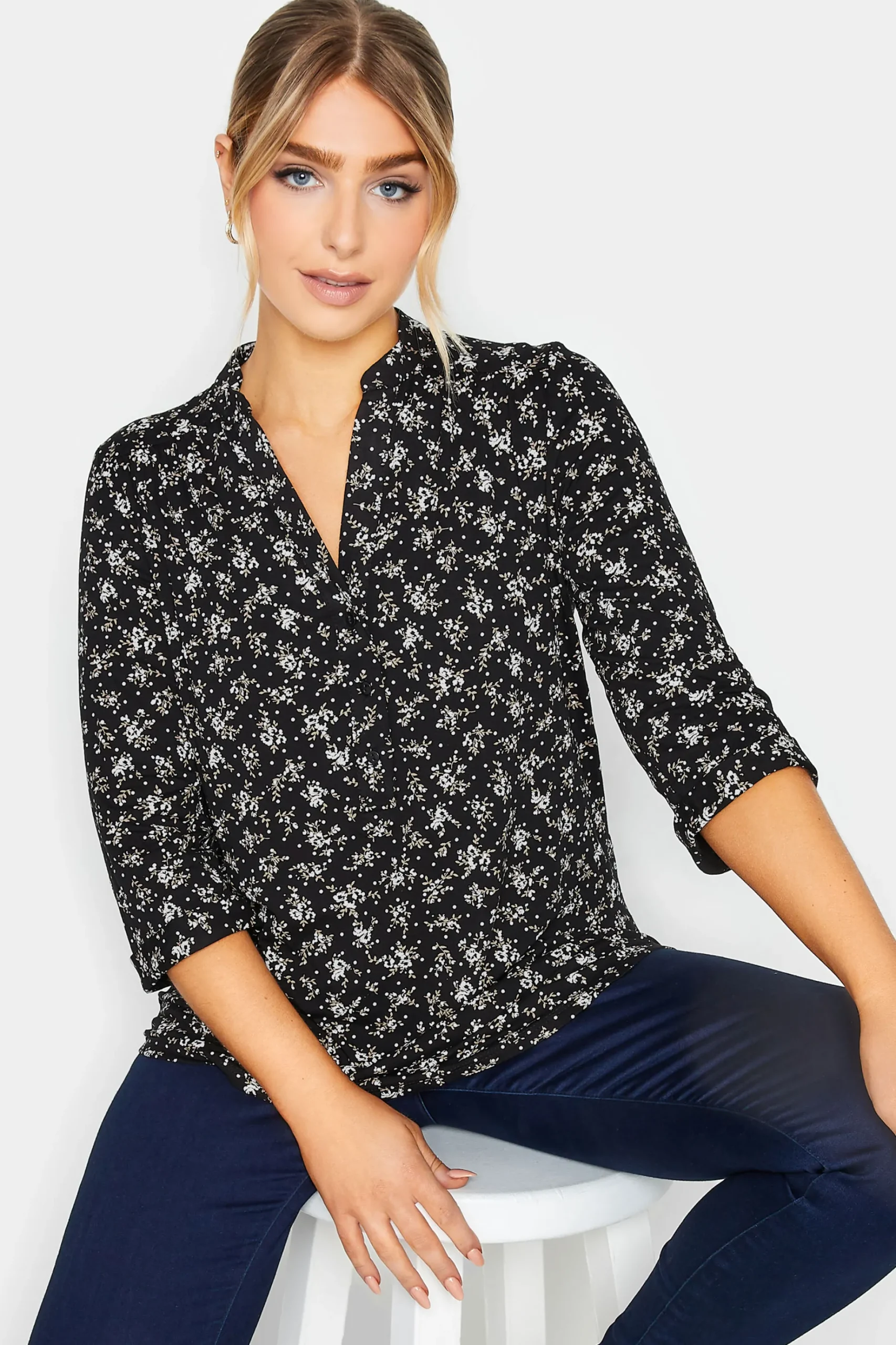 M&Co Womens M&Co Black Floral Print Half Placket Jersey Shirt