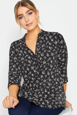 M&Co Womens M&Co Black Floral Print Half Placket Jersey Shirt