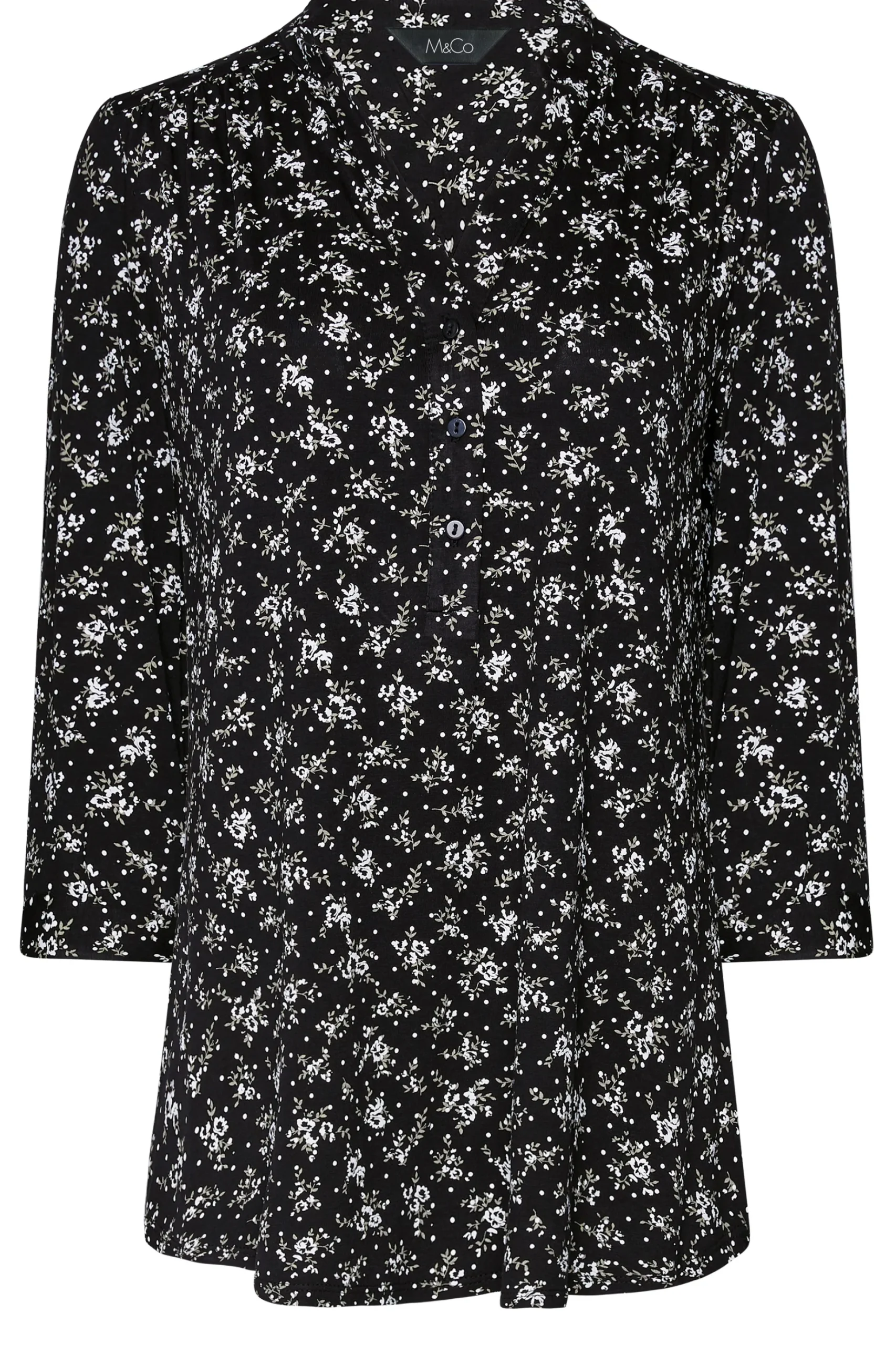 M&Co Womens M&Co Black Floral Print Half Placket Jersey Shirt