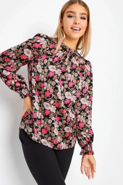 M&Co Womens M&Co Black Floral Print Frill Neck Blouse