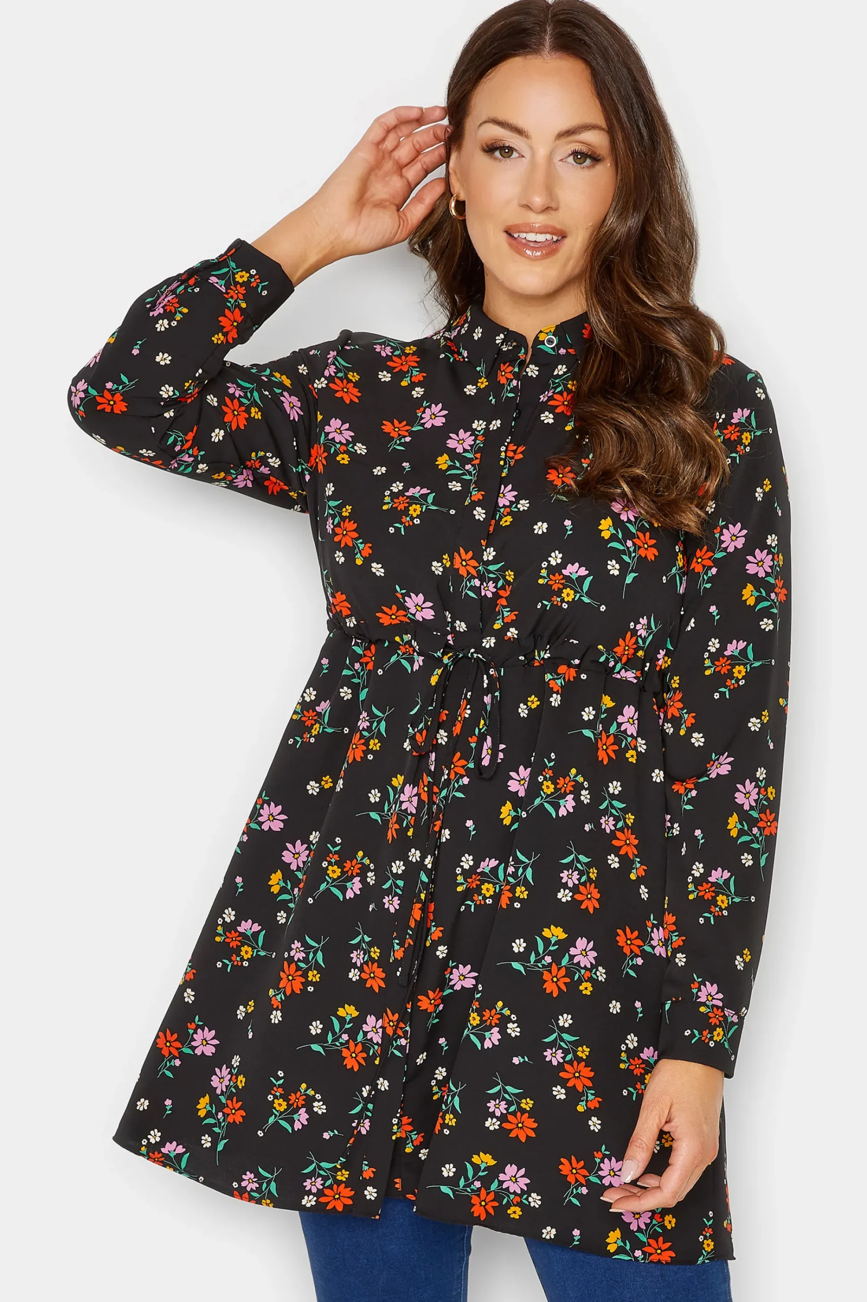 M&Co Womens M&Co Black Floral Print Tie Waist Tunic Shirt
