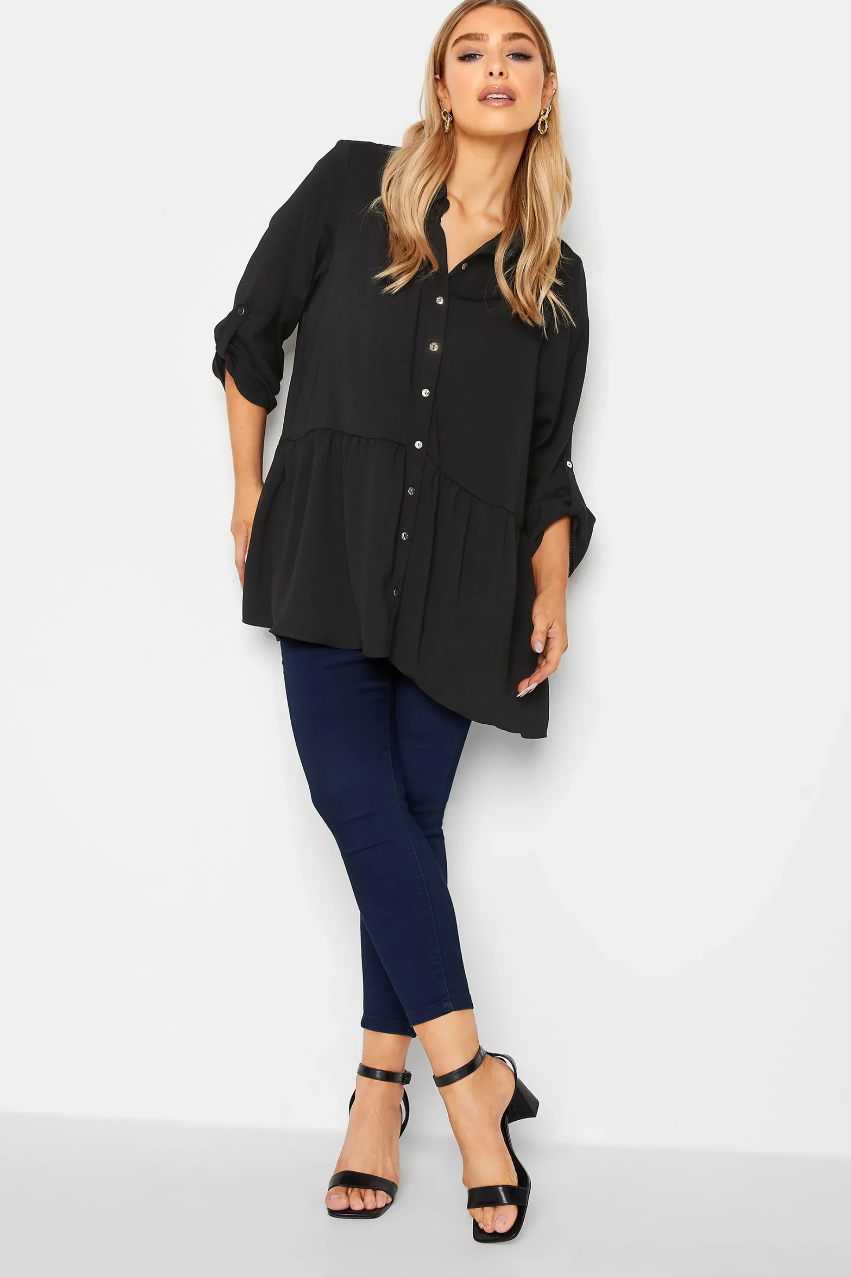 M&Co Womens M&Co Black Frill Hem Tab Sleeve Shirt