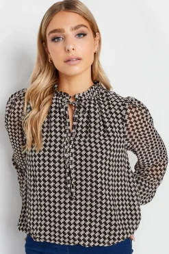 M&Co Womens M&Co Black Geometric Print Tie Neck Blouse