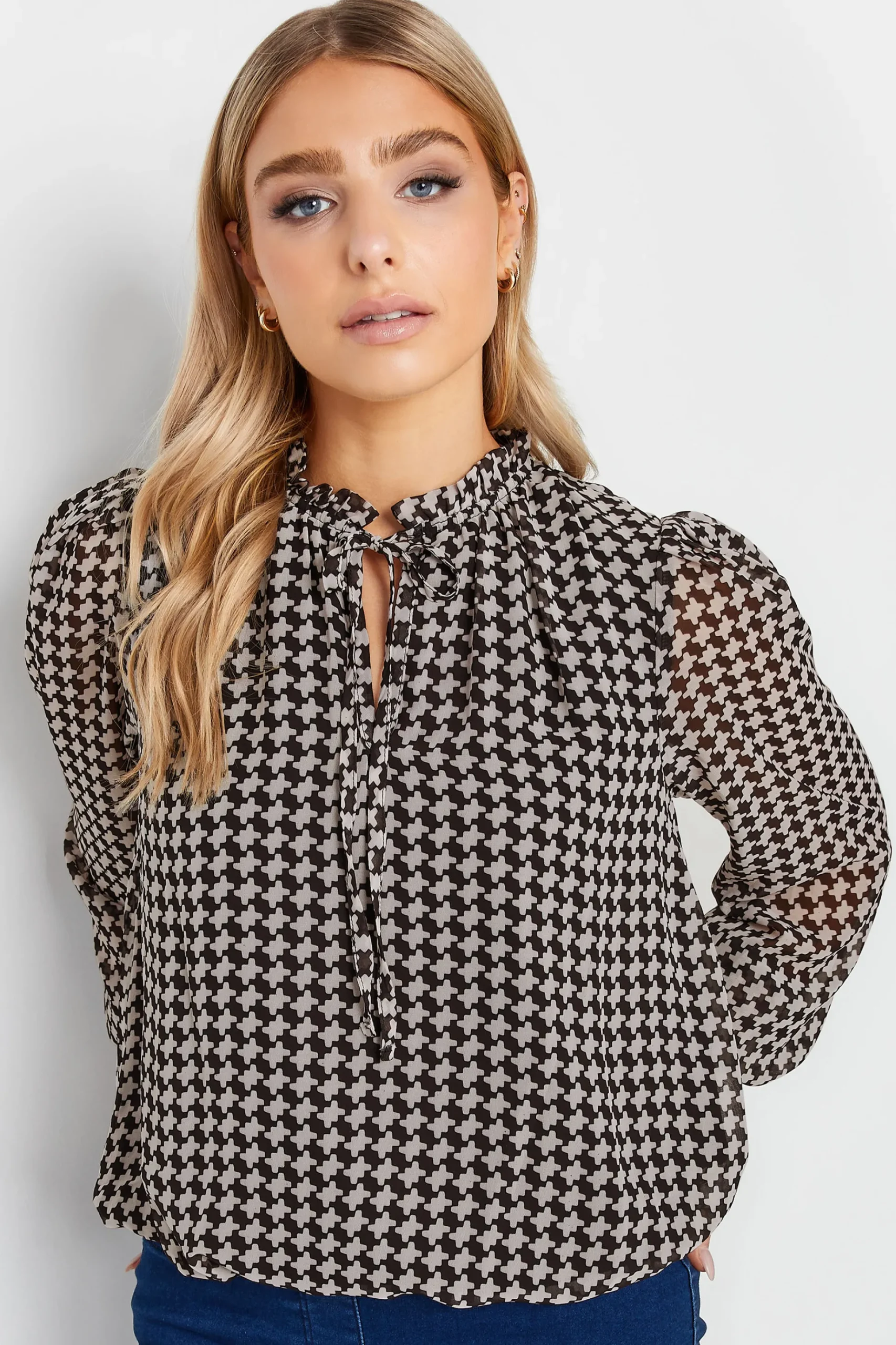 M&Co Womens M&Co Black Geometric Print Tie Neck Blouse