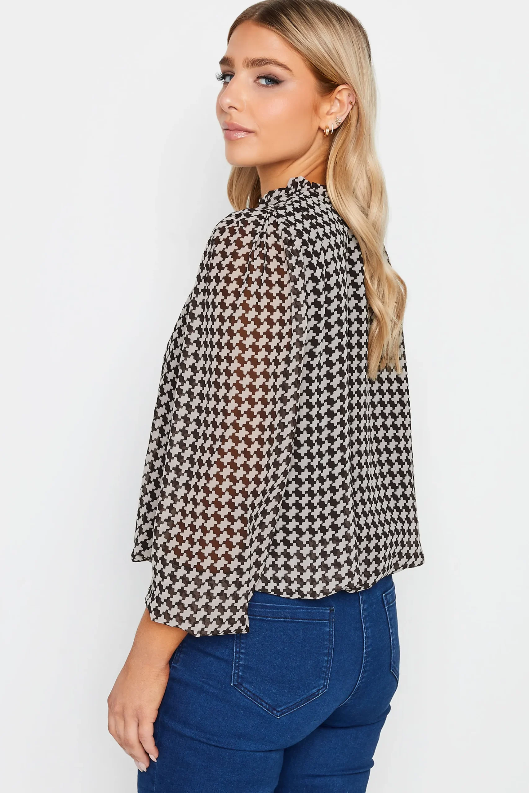 M&Co Womens M&Co Black Geometric Print Tie Neck Blouse