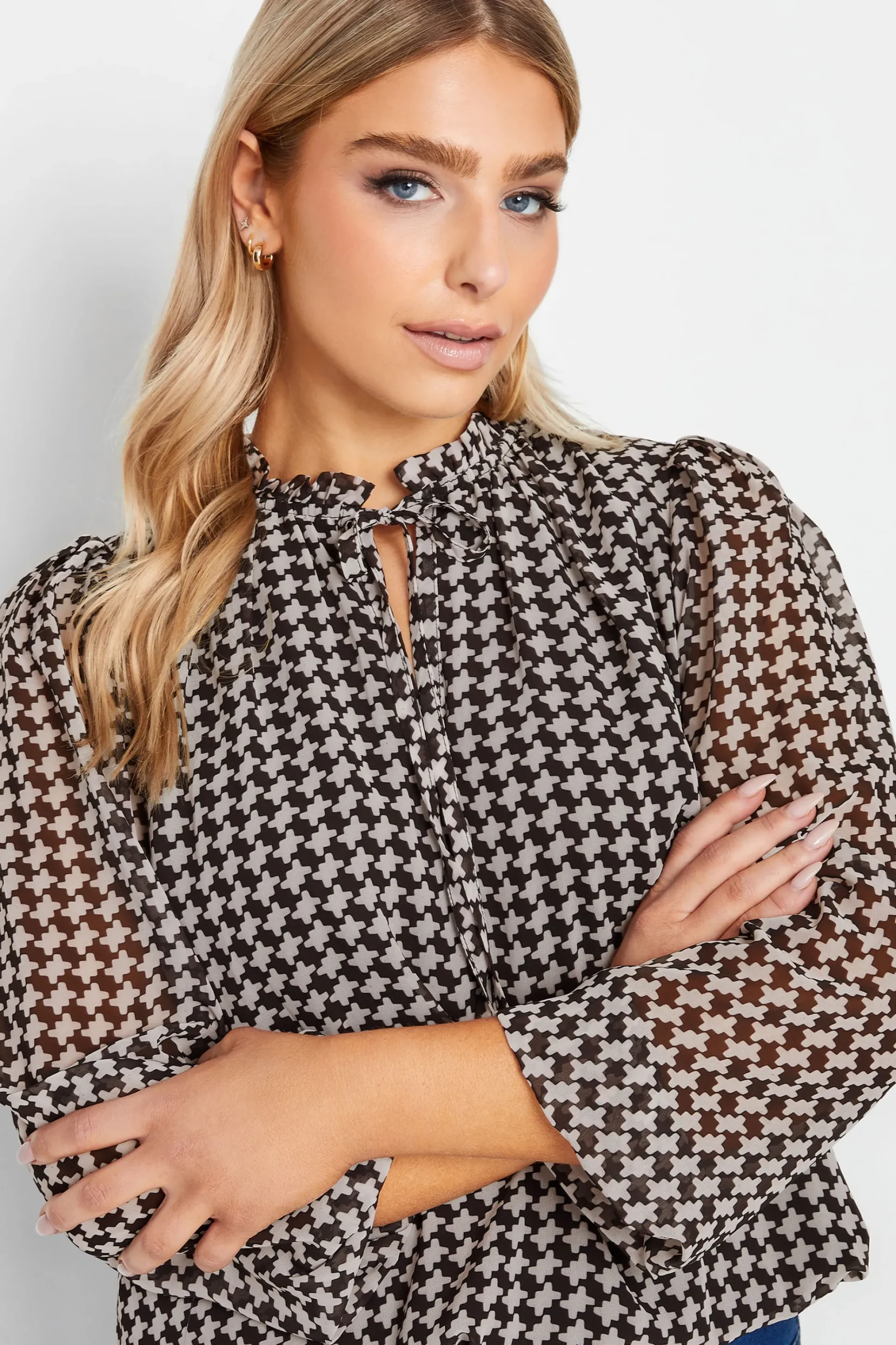 M&Co Womens M&Co Black Geometric Print Tie Neck Blouse