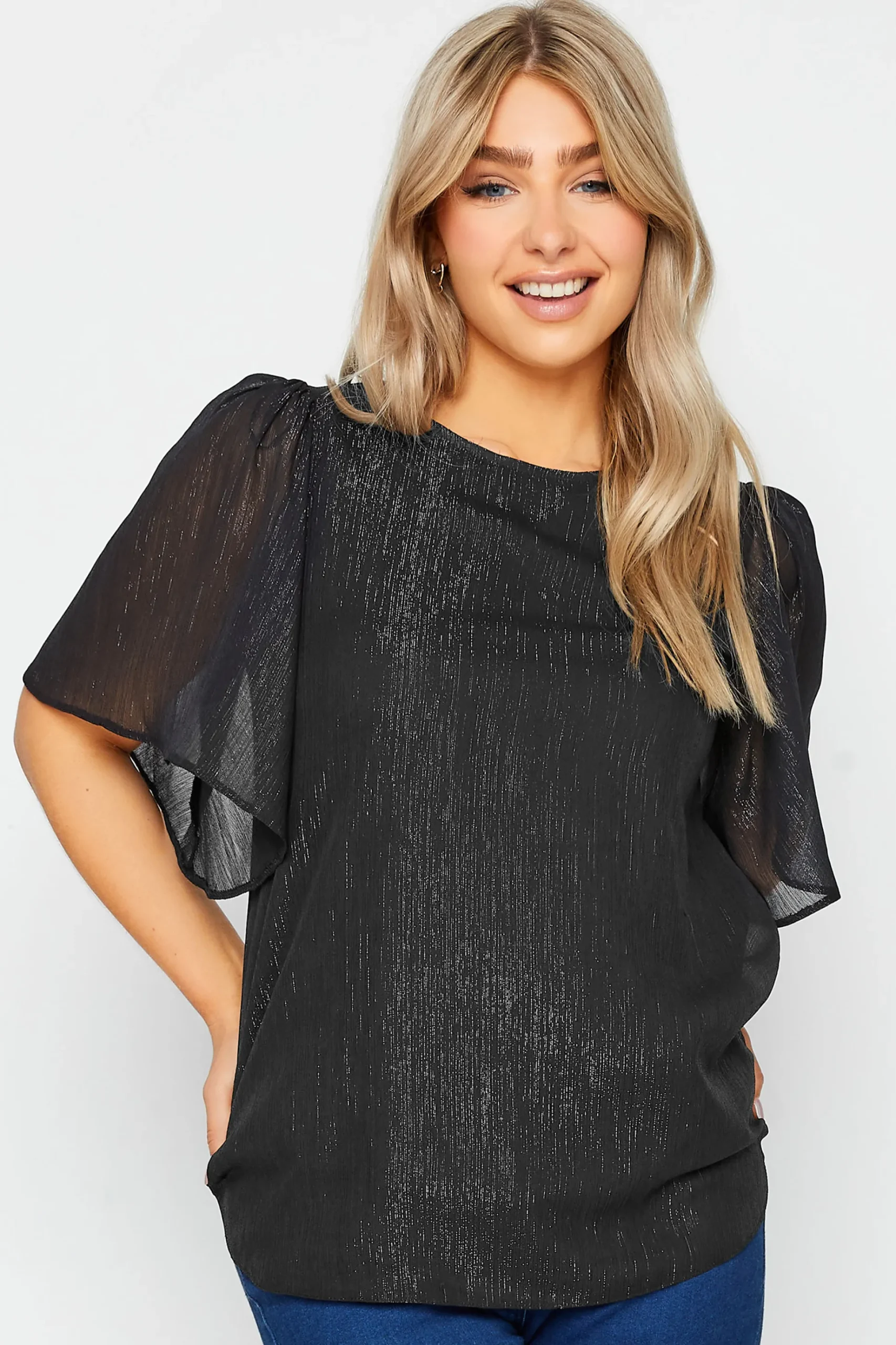 M&Co Womens M&Co Black Metallic Angel Sleeve Blouse