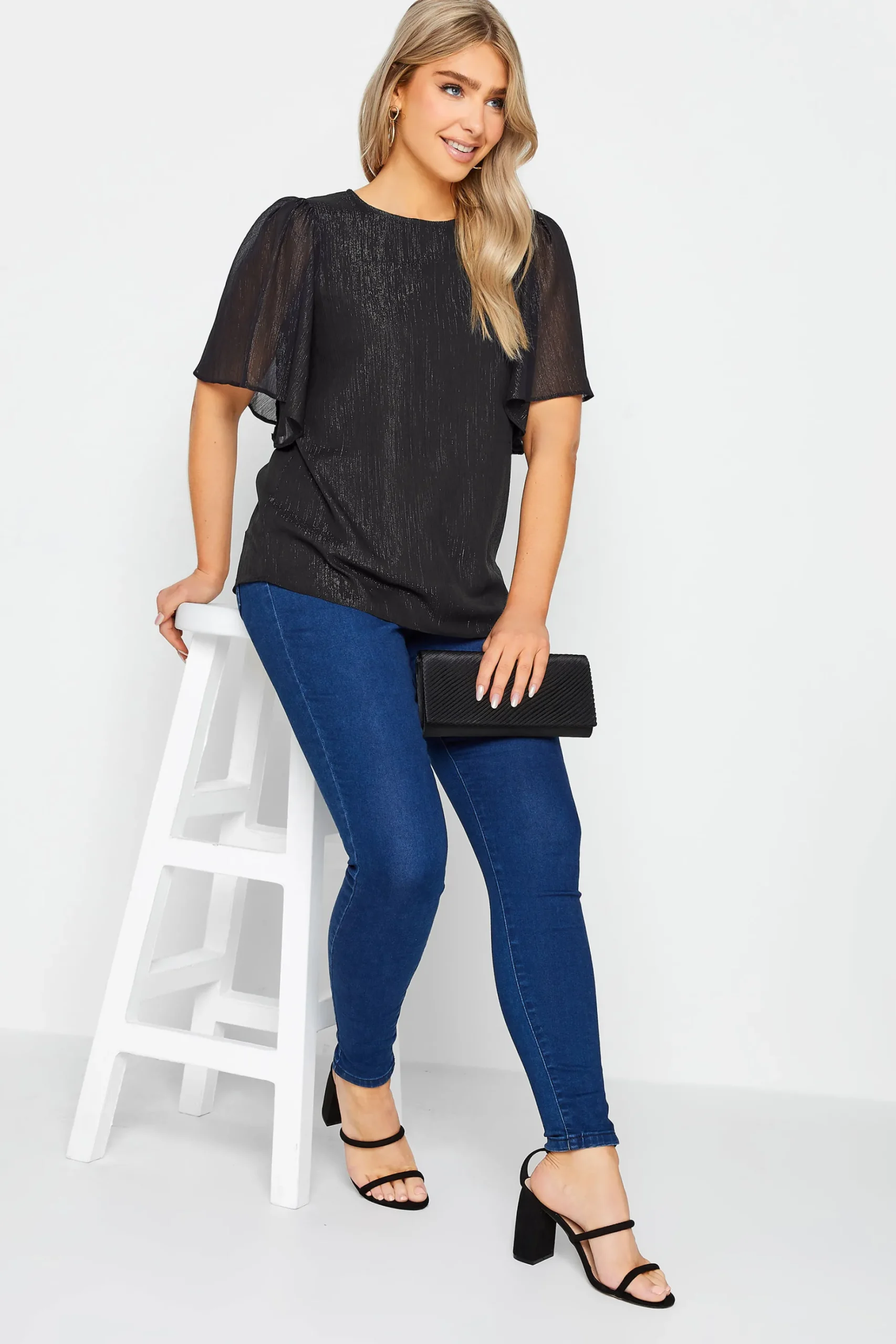 M&Co Womens M&Co Black Metallic Angel Sleeve Blouse
