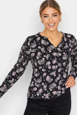 M&Co Womens M&Co Black Paisley Print Notch Neck Cotton T-Shirt