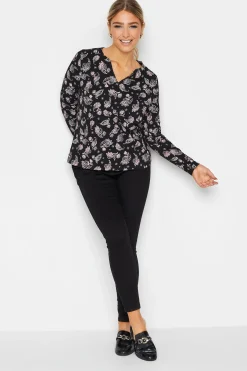 M&Co Womens M&Co Black Paisley Print Notch Neck Cotton T-Shirt