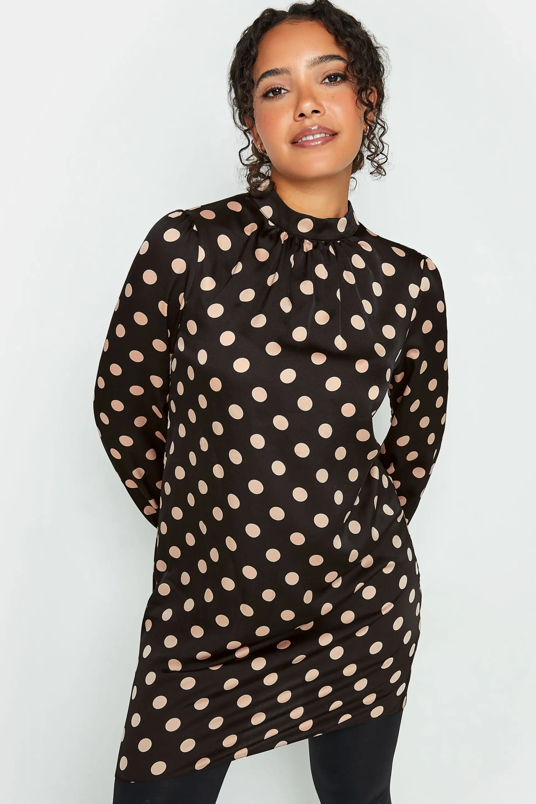 M&Co Womens M&Co Black Polka Dot Print High Neck Tunic Blouse