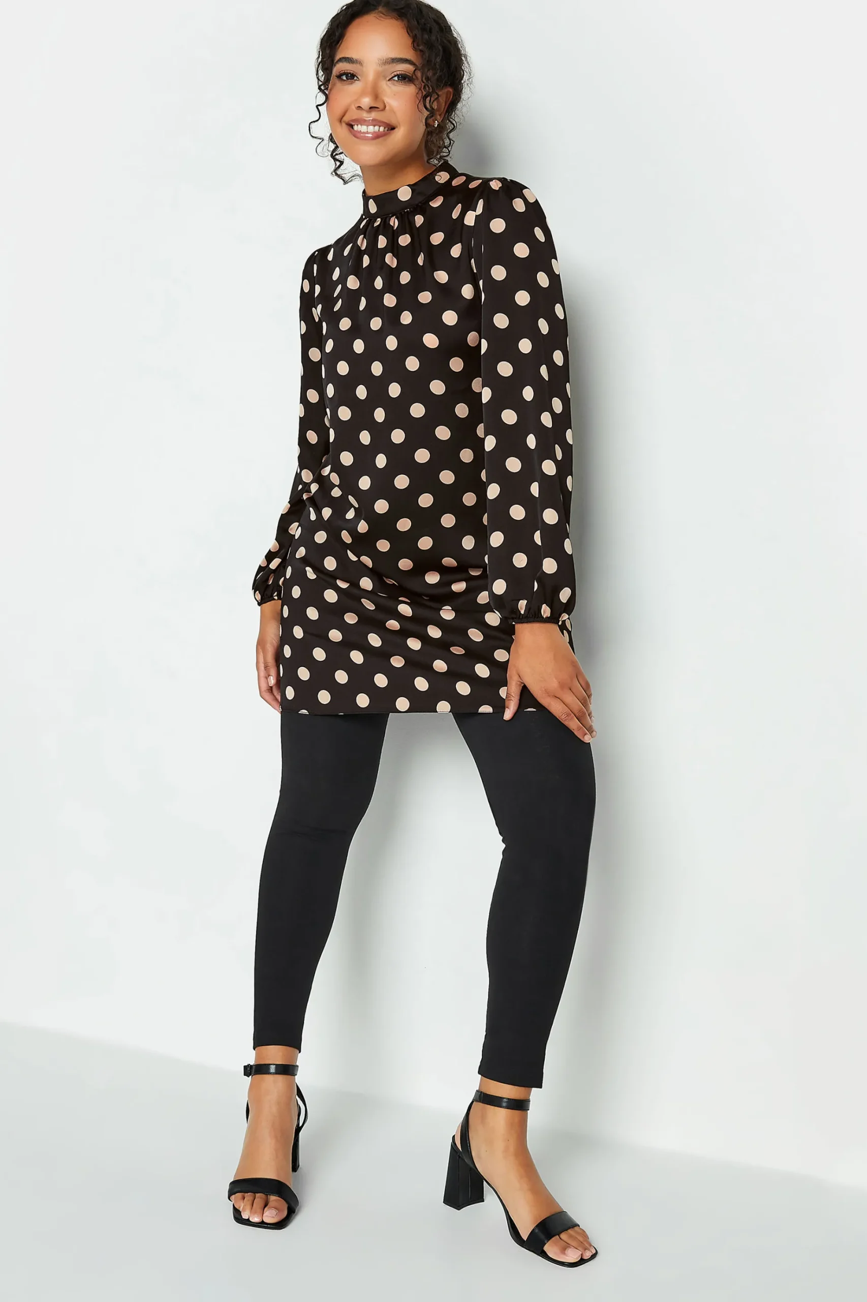 M&Co Womens M&Co Black Polka Dot Print High Neck Tunic Blouse