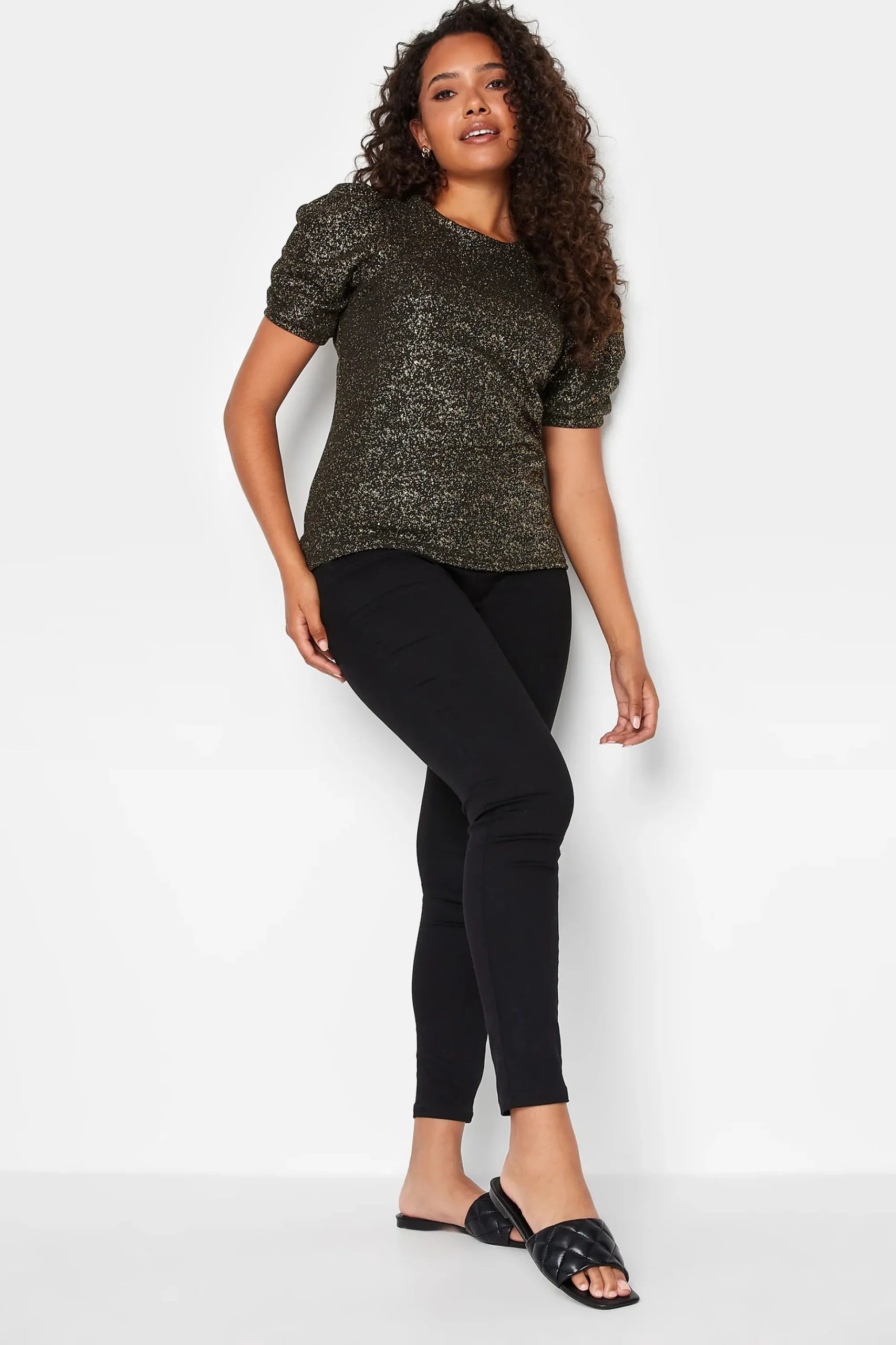 M&Co Womens M&Co Black Shimmer Ruched Sleeve Blouse