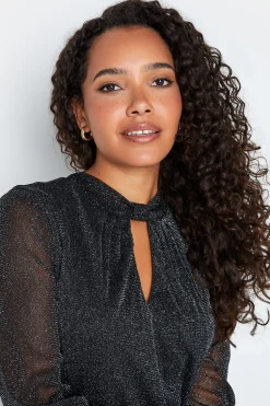 M&Co Womens M&Co Black Shimmer Keyhole Blouse