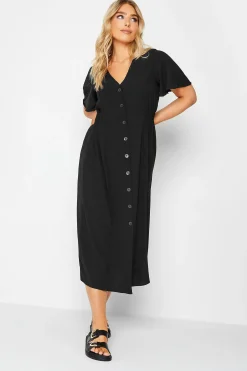 M&Co Womens M&Co Black Shirred Waist Button Through Midi Dress