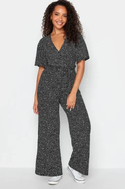 M&Co Womens M&Co Black Spot Print Wrap Wide Leg Jumpsuit