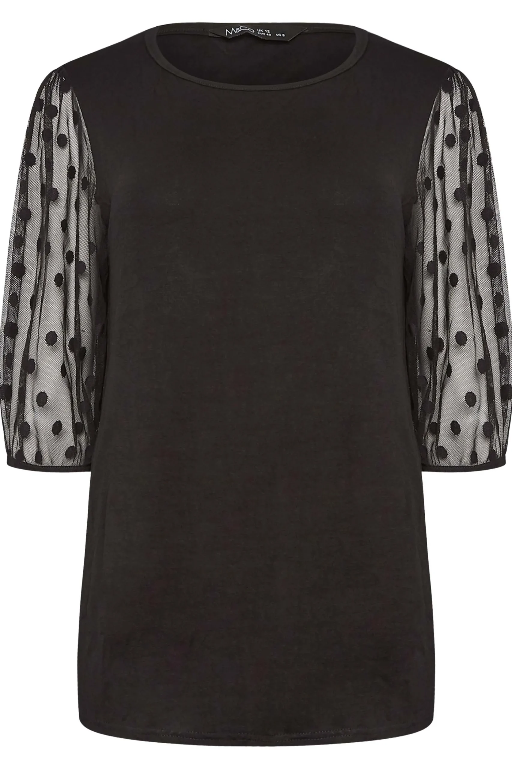 M&Co Womens M&Co Black Spot Mesh Sleeve Top